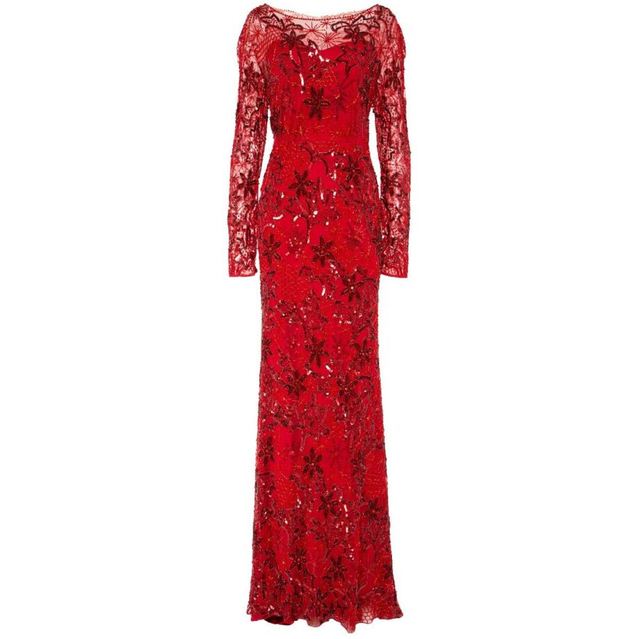 Floor length gown with floral embroidery