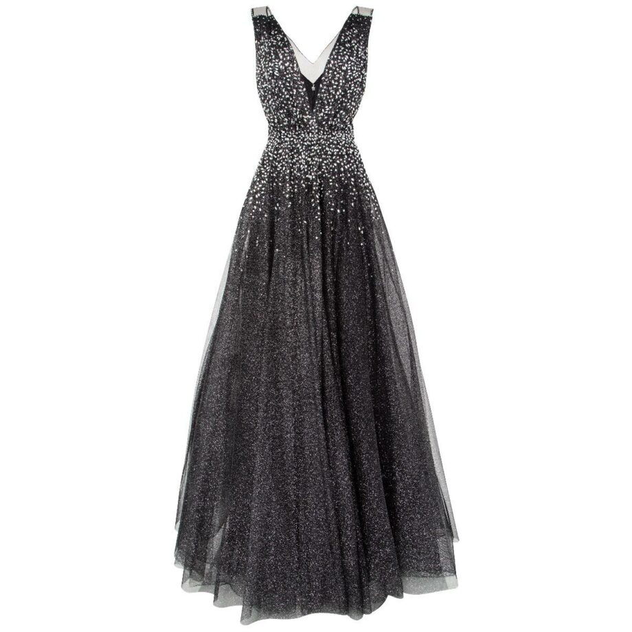 Embroidered tulle gown with flared skirt