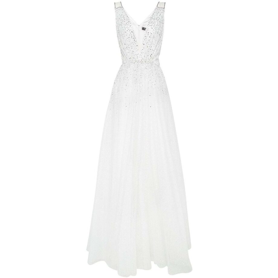 Embroidered tulle gown with flared skirt