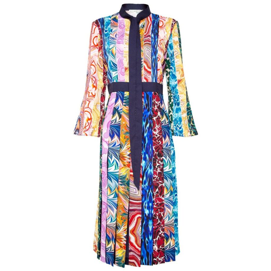 Midi-Dress with bow tie collar, trumpet sleeves and phantasy print