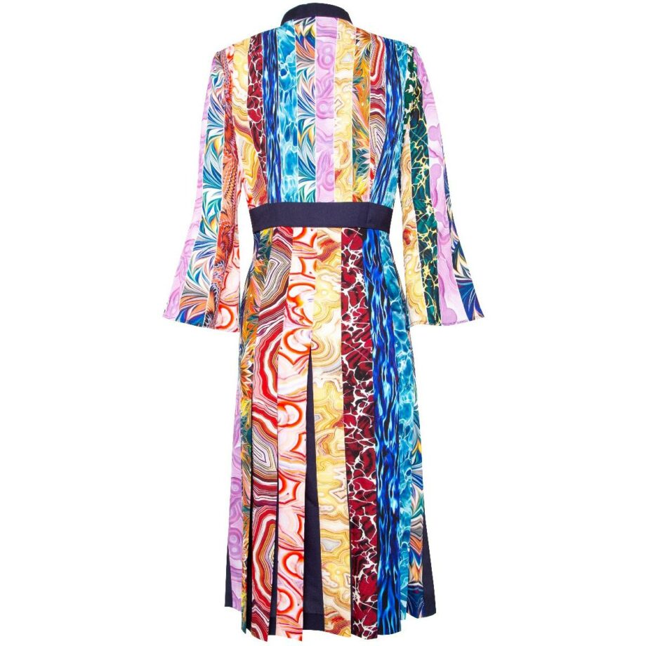 Midi-Dress with bow tie collar, trumpet sleeves and phantasy print