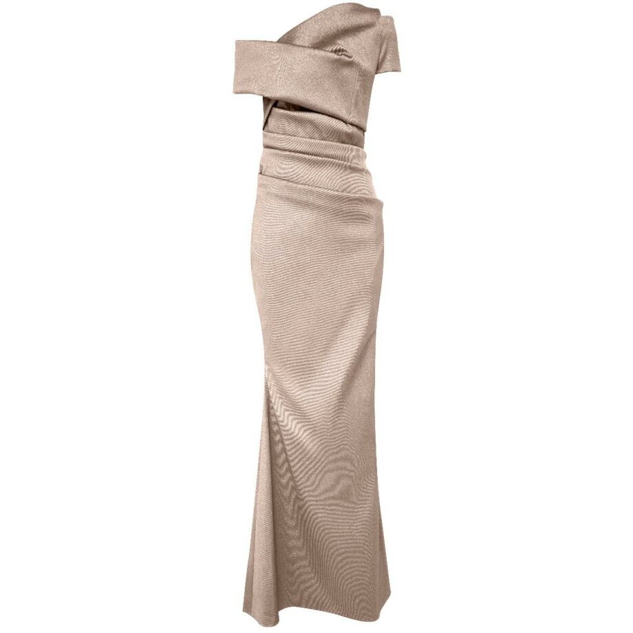 Metallic gown with asymmetric cut and wrapped details