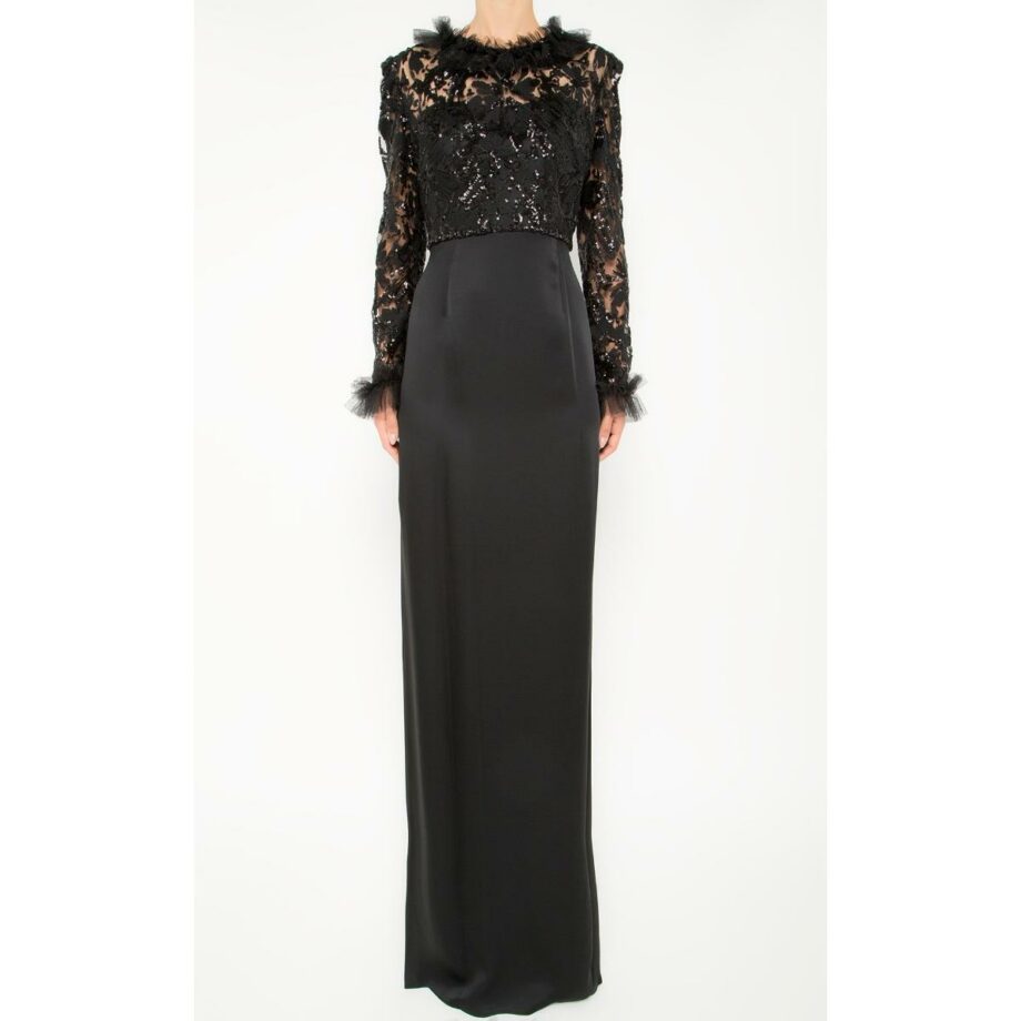 Floor length gown with embroidery and tulle details