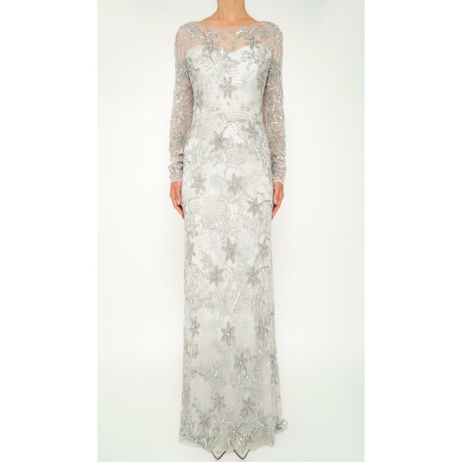 Floor length gown with floral embroidery