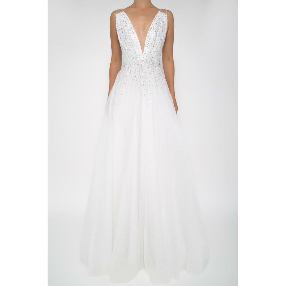 Embroidered tulle gown with flared skirt