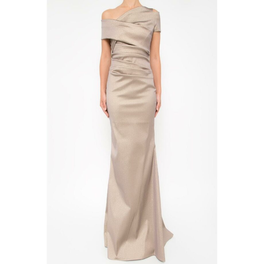 Metallic gown with asymmetric cut and wrapped details