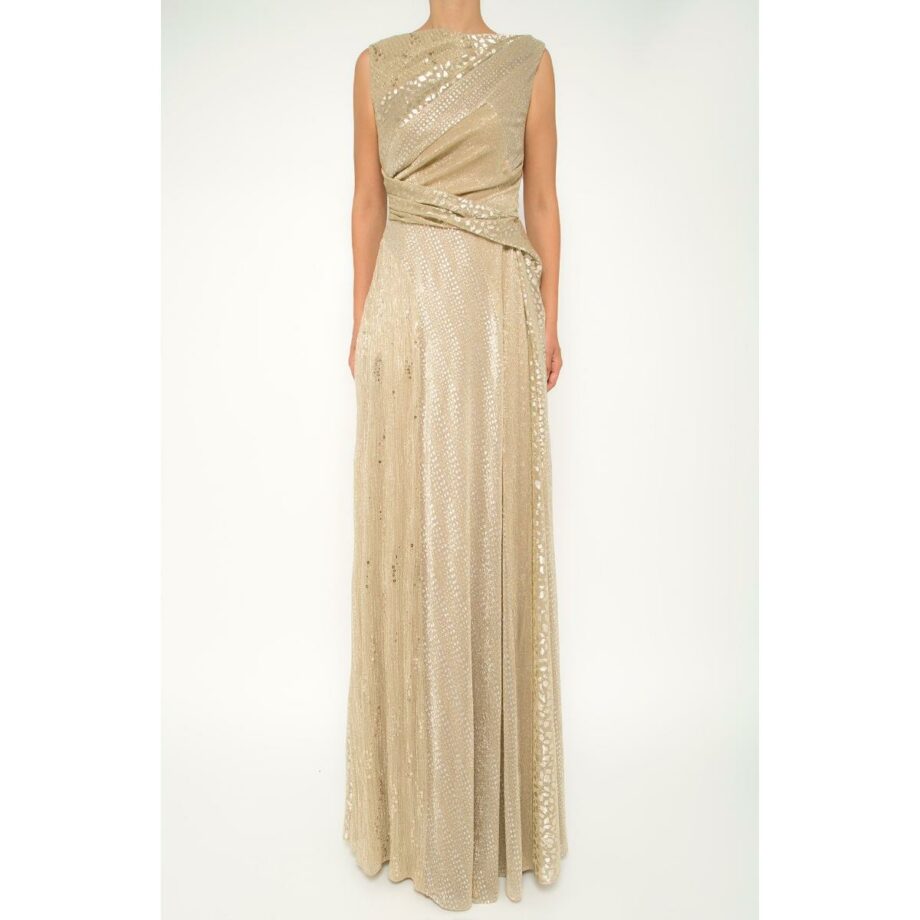 Golden metallic gown with draped details