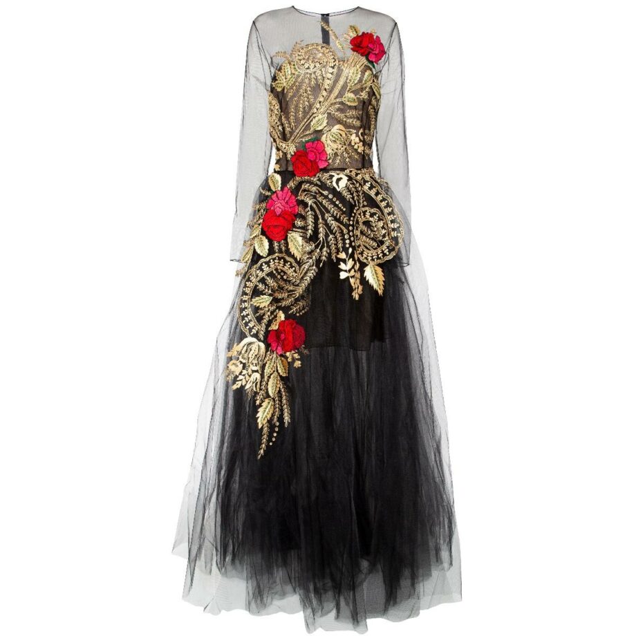 Floor-length gown with floral embroidery and silk lining