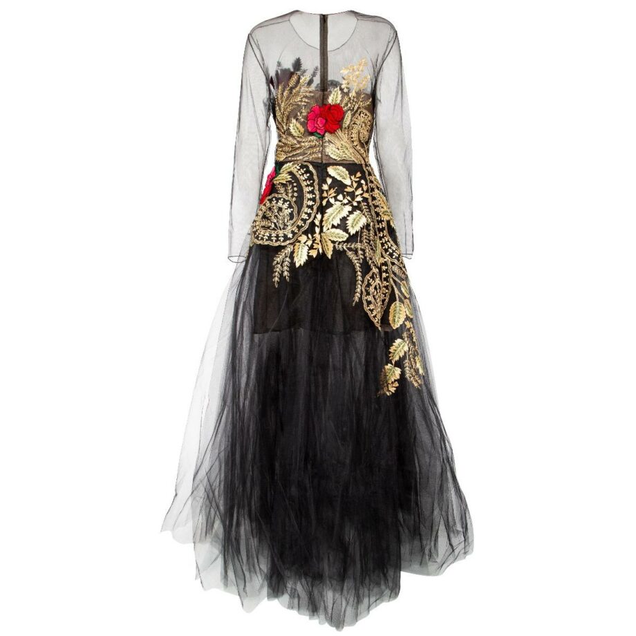 Floor-length gown with floral embroidery and silk lining