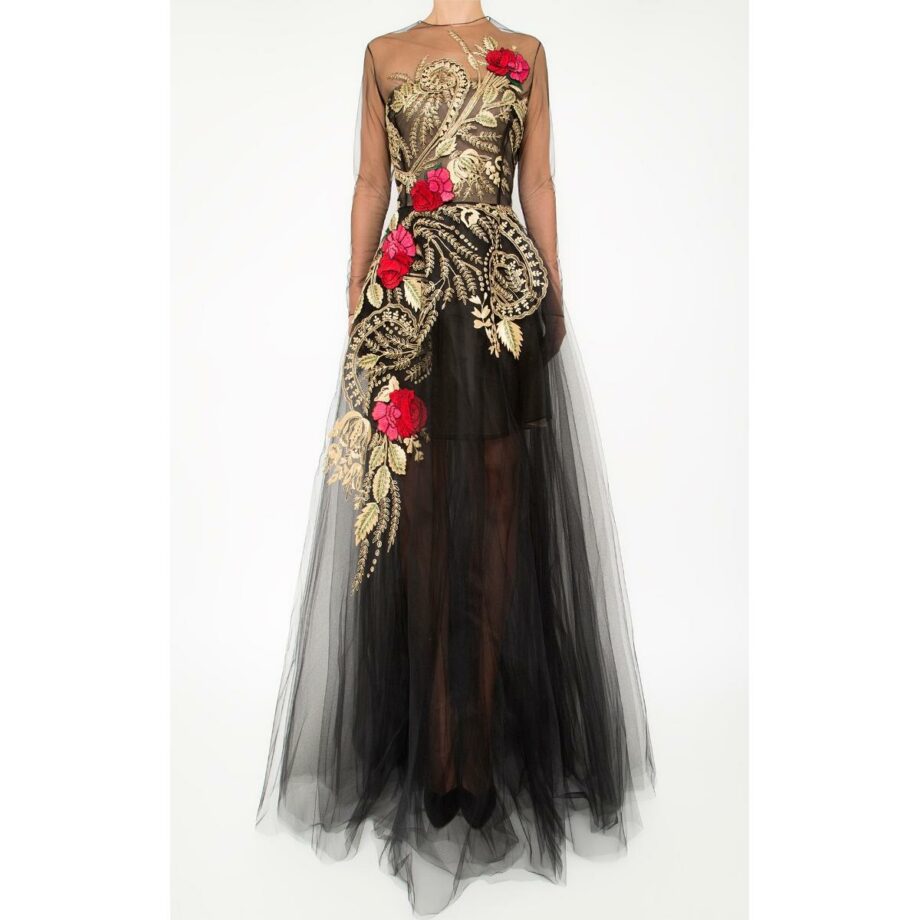 Floor-length gown with floral embroidery and silk lining