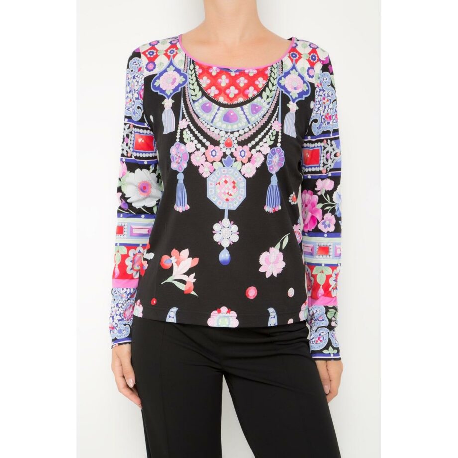 Silk top with long sleeves and jewelry print