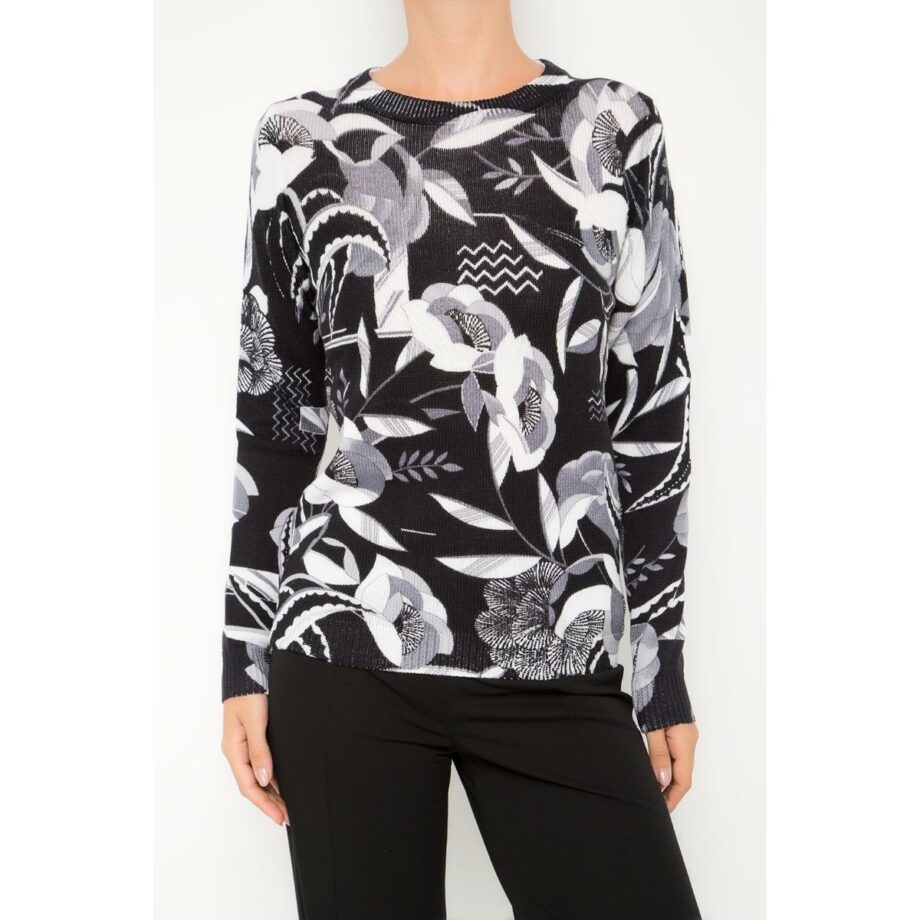 Hip-length wool pullover with floral print