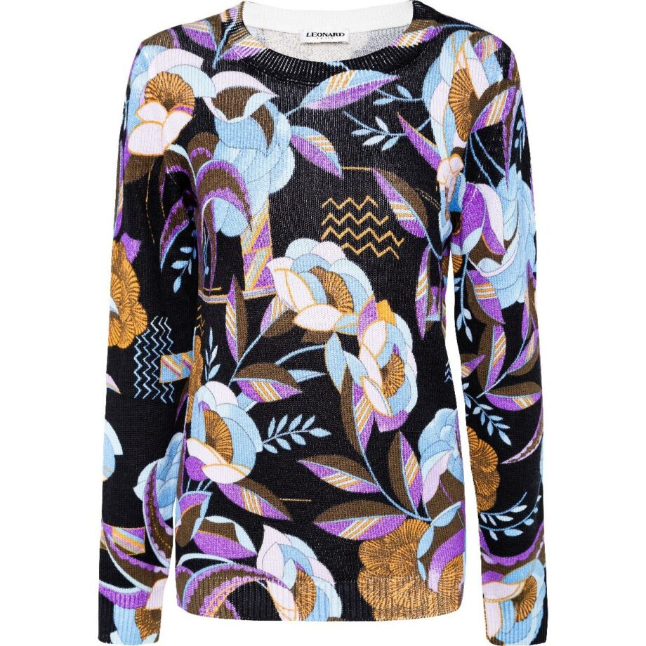 Hip-length wool pullover with floral print