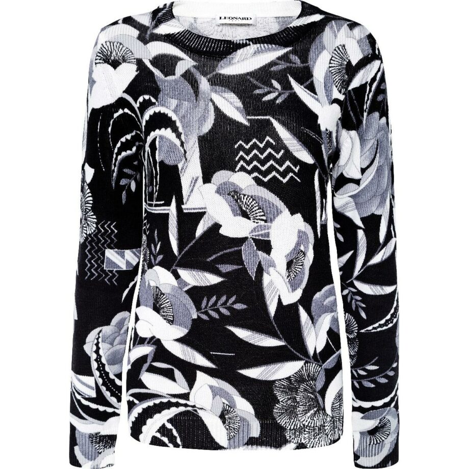 Hip-length wool pullover with floral print