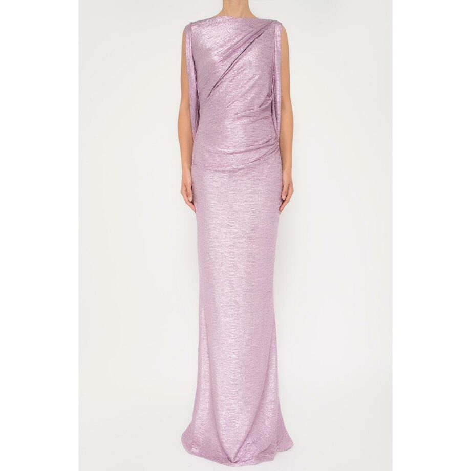 Floor length metallic gown with cape detail