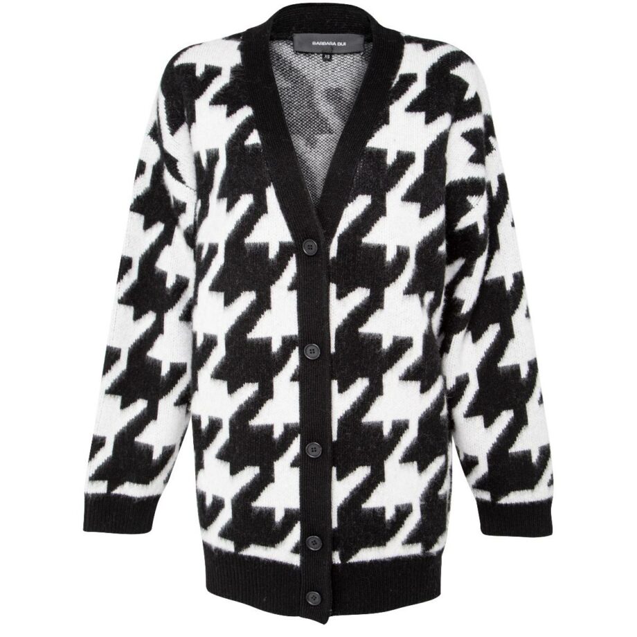 Long merino-wool cardigan with mako houndstooth print