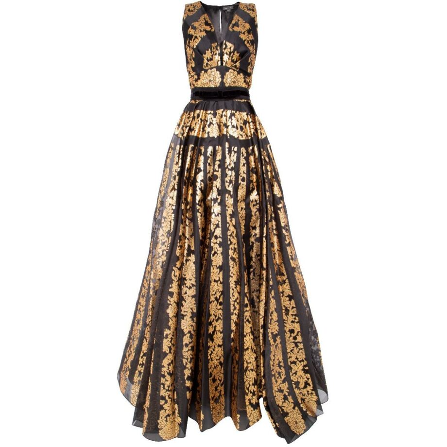 Tapered gown with v-neck and ornamental print