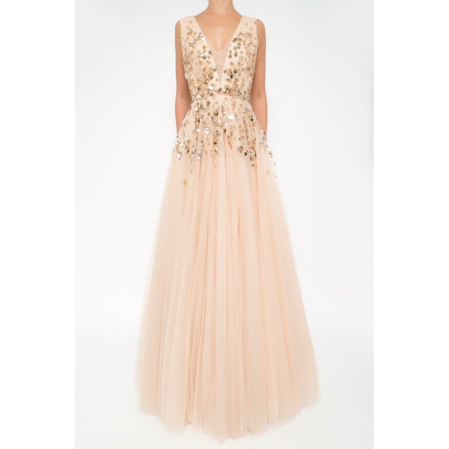 Tapered tulle gown with v-neck and embroidery