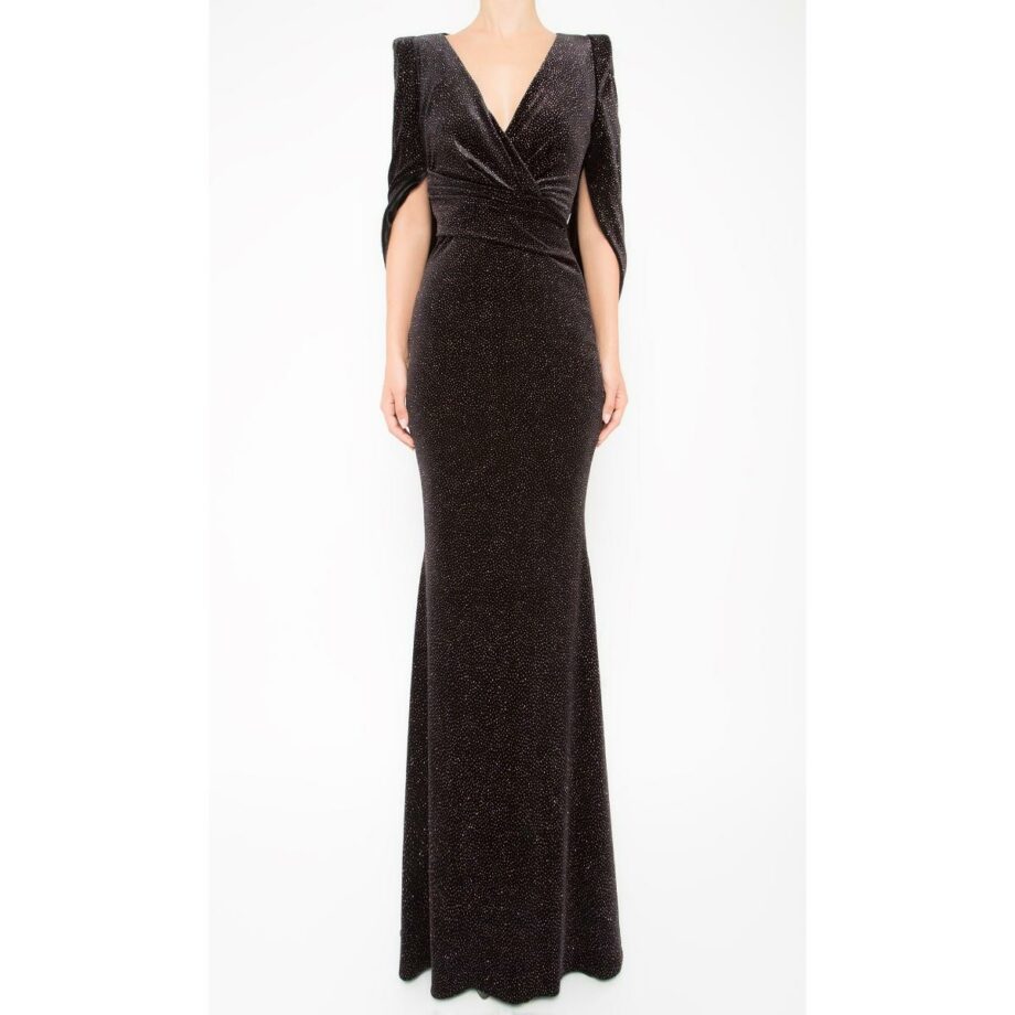 Floor-length velvet gown with cape detail