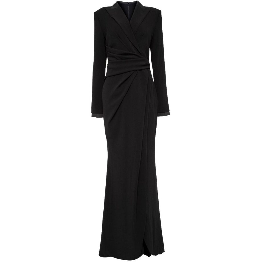 Floor-length gown with wrapped details and lapel collar