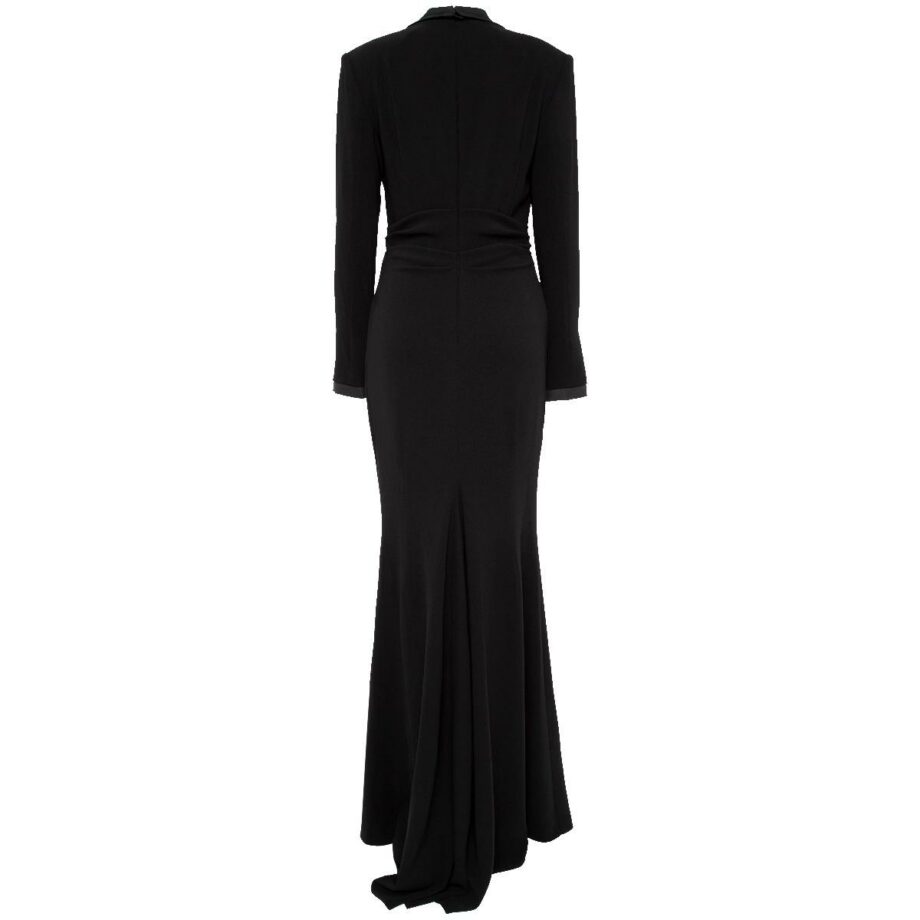 Floor-length gown with wrapped details and lapel collar