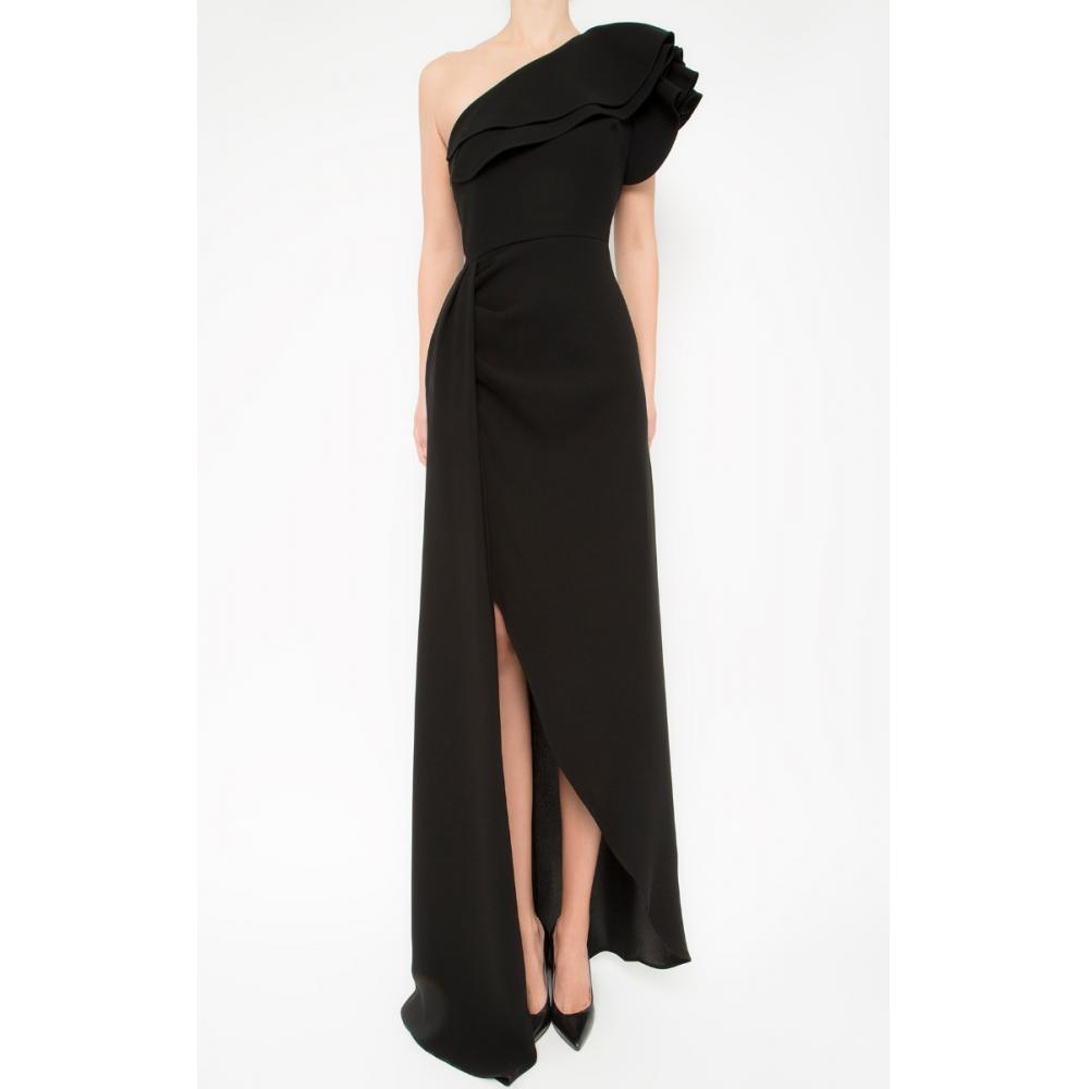 Silhouettennahe One-Shoulder-Robe mit Schultervolant und vorderseitigem Beinschlitz-182132