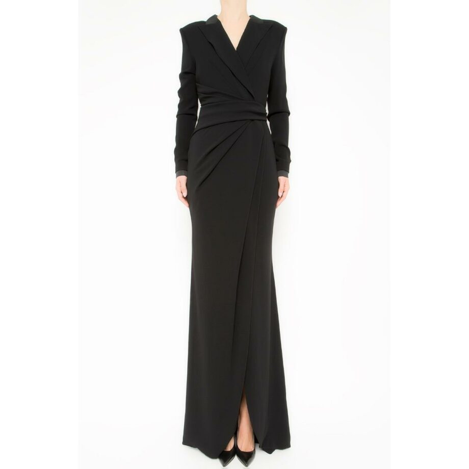 Floor-length gown with wrapped details and lapel collar