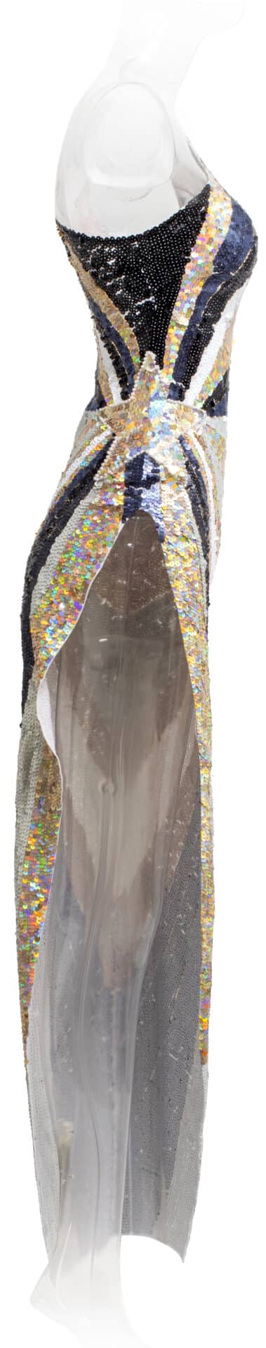 A-symmetrische, Handbestickte Paillettenrobe mit gewagtem Beinschlitz