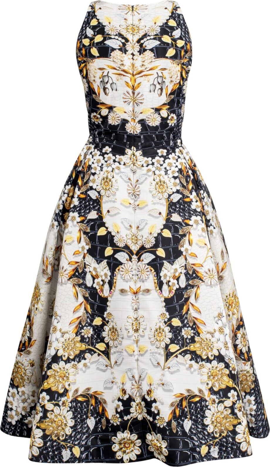 Sleeveless cocktaildress with petticoat and ornamental print