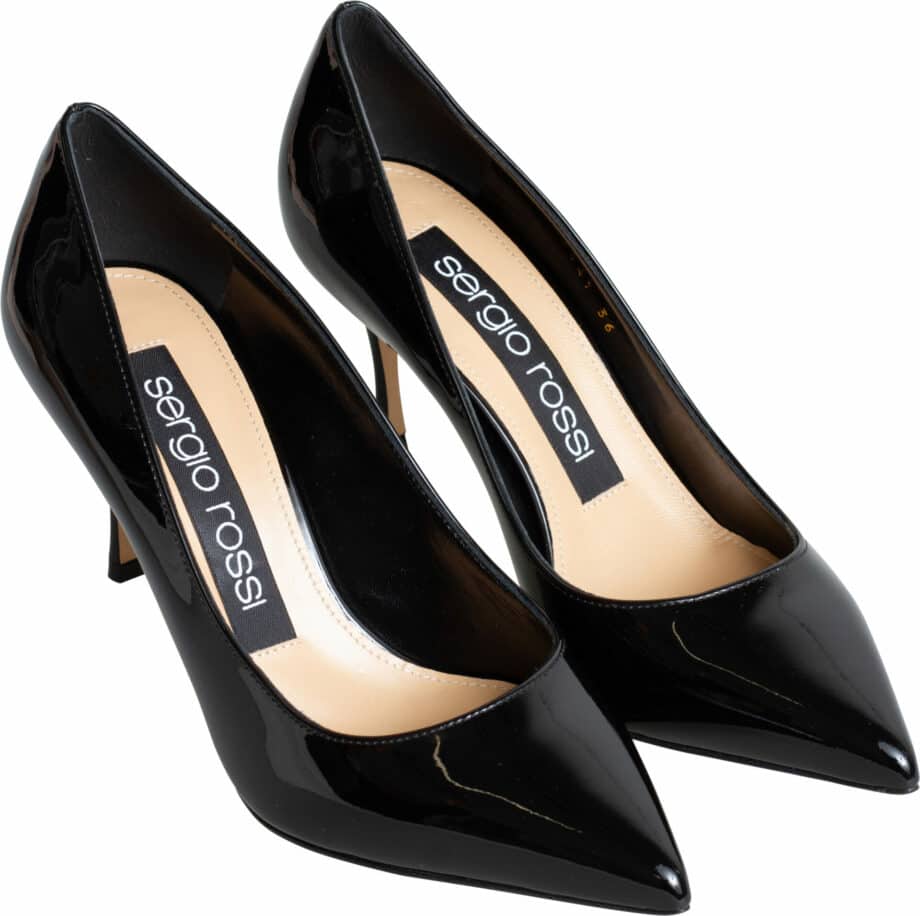 Patent leather high-heel pumps with pointed toe cap