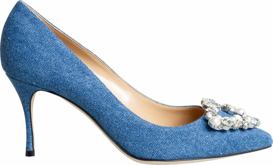 Denim-pumps with high heel and rhinestone details