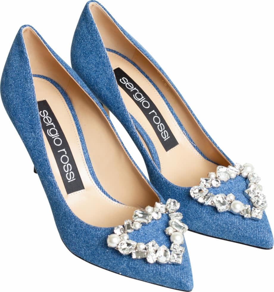 Denim-pumps with high heel and rhinestone details