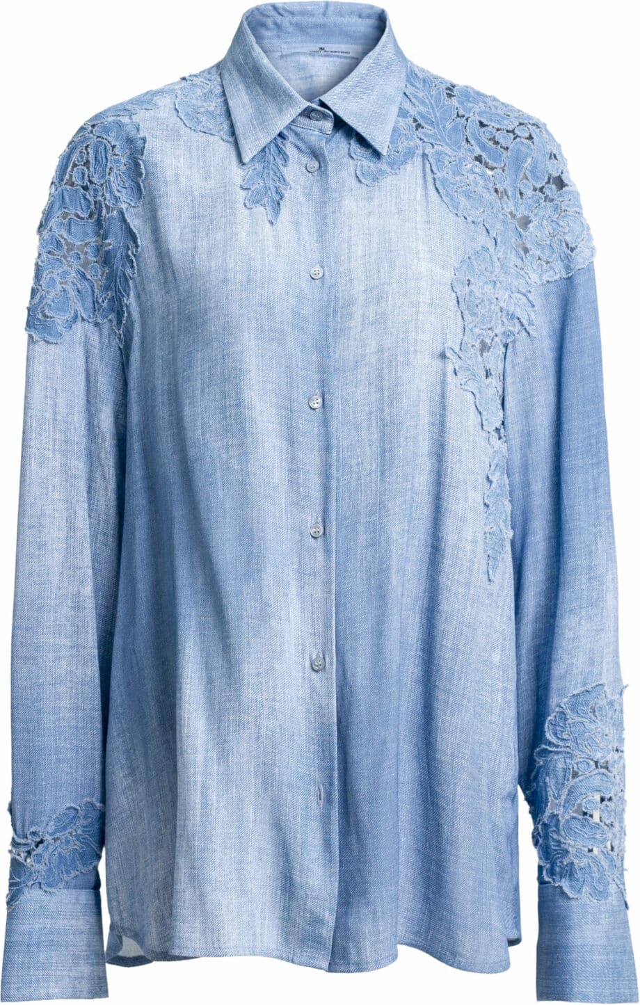 Gerade geschnittene Bluse im Denim-Look mit Spitzendetails