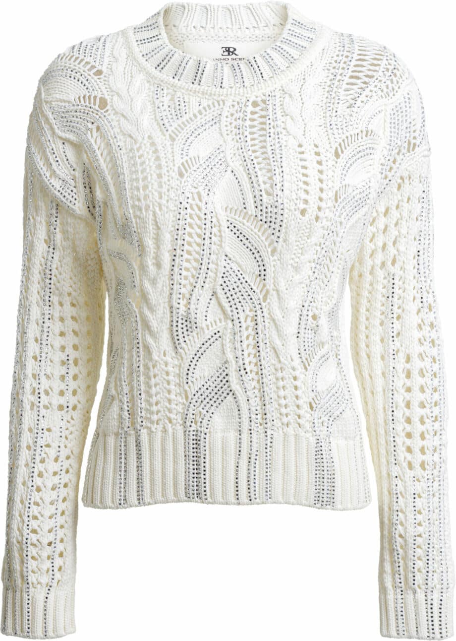 Short knit pullover with rhinestone embroidery