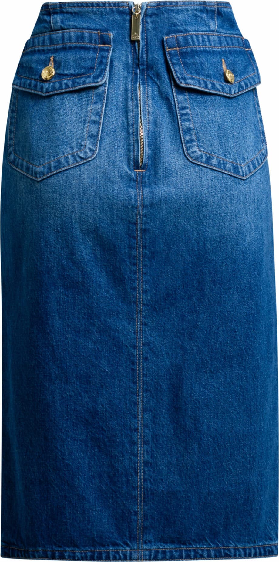 Knee-length denim pencilskirt with patched pockets