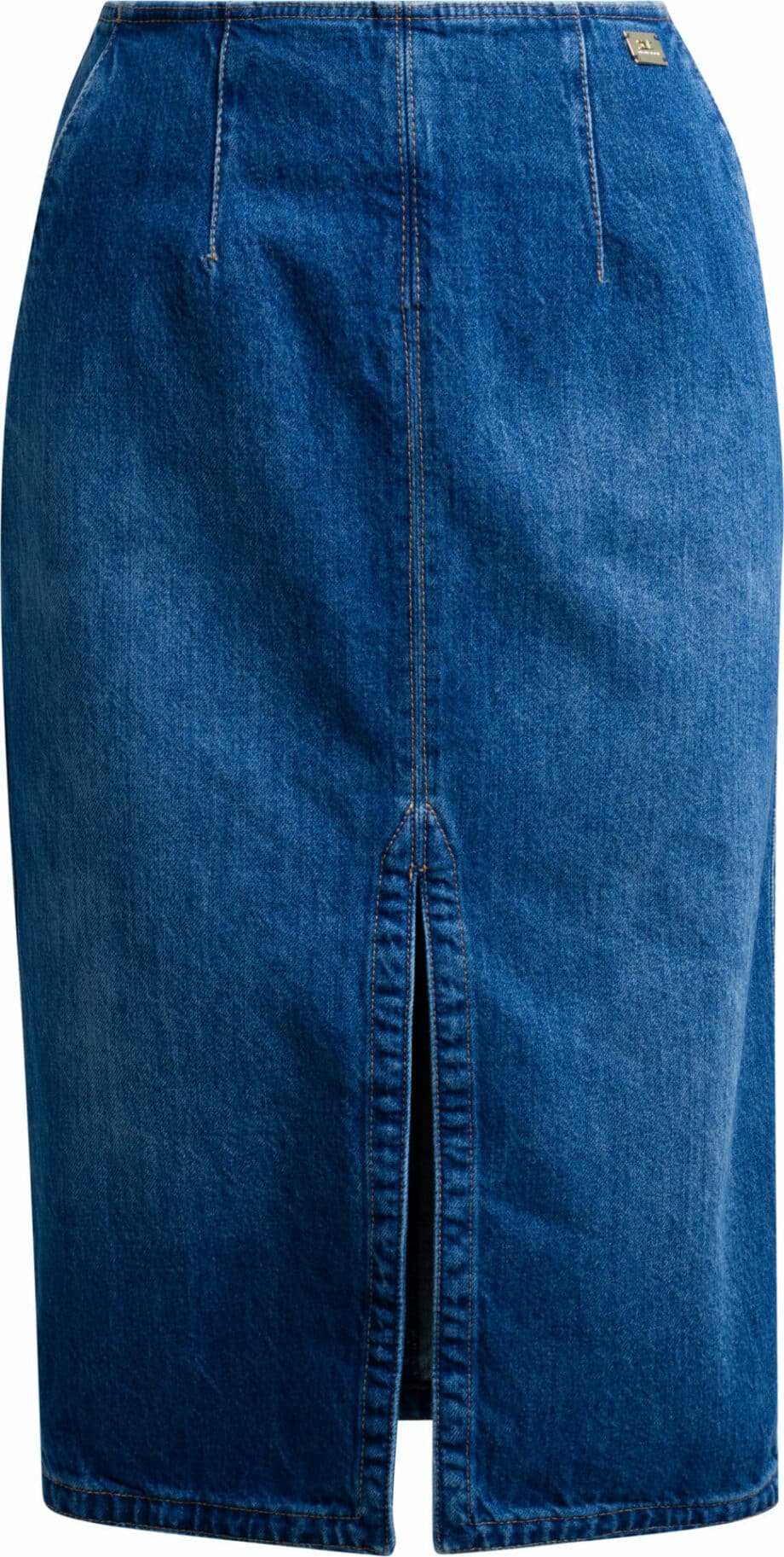 Knee-length denim pencilskirt with patched pockets