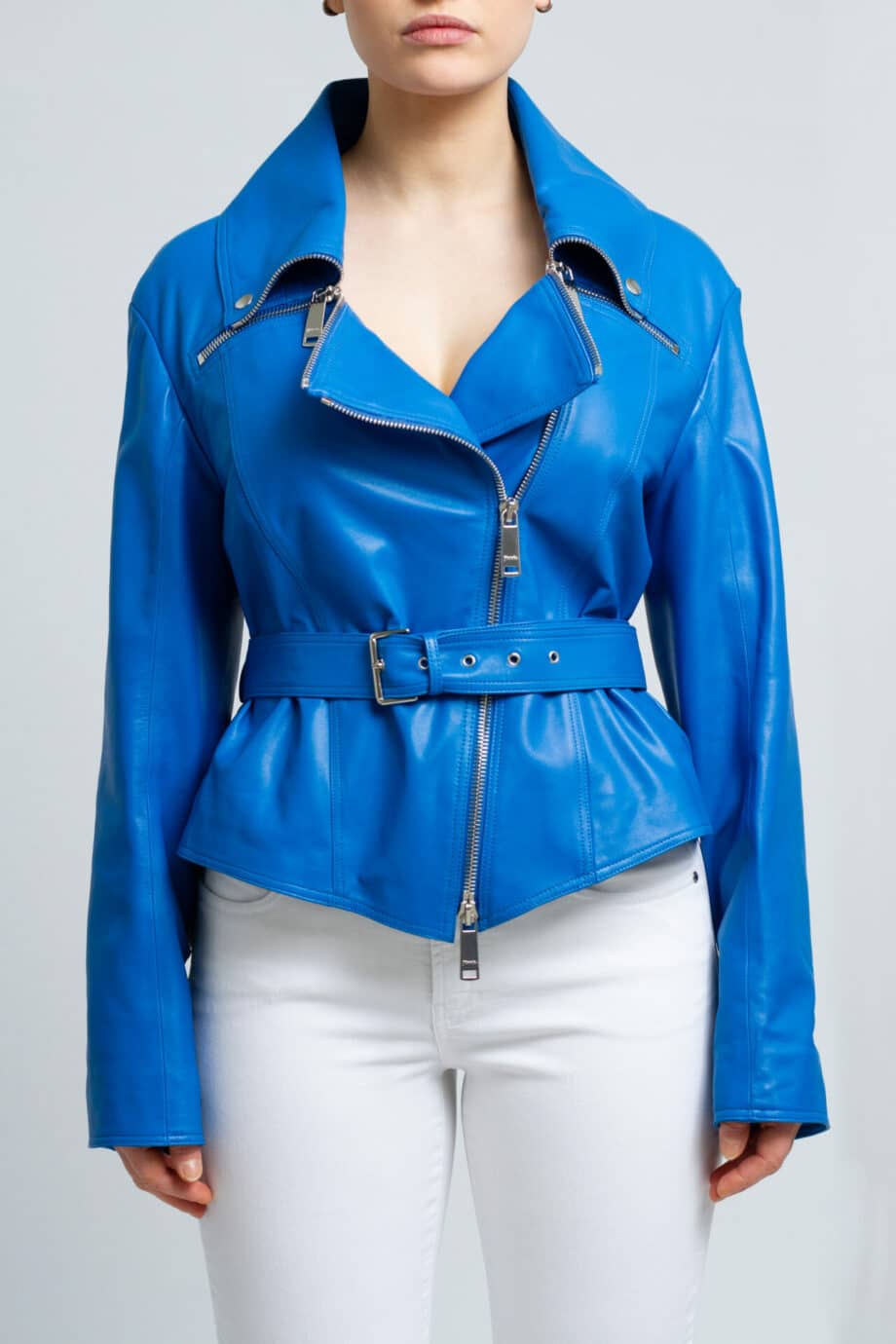 Short leather jacket with belt detail