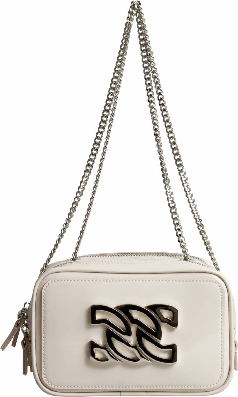 Small patent leather bag with long shoulder strap and logo detail