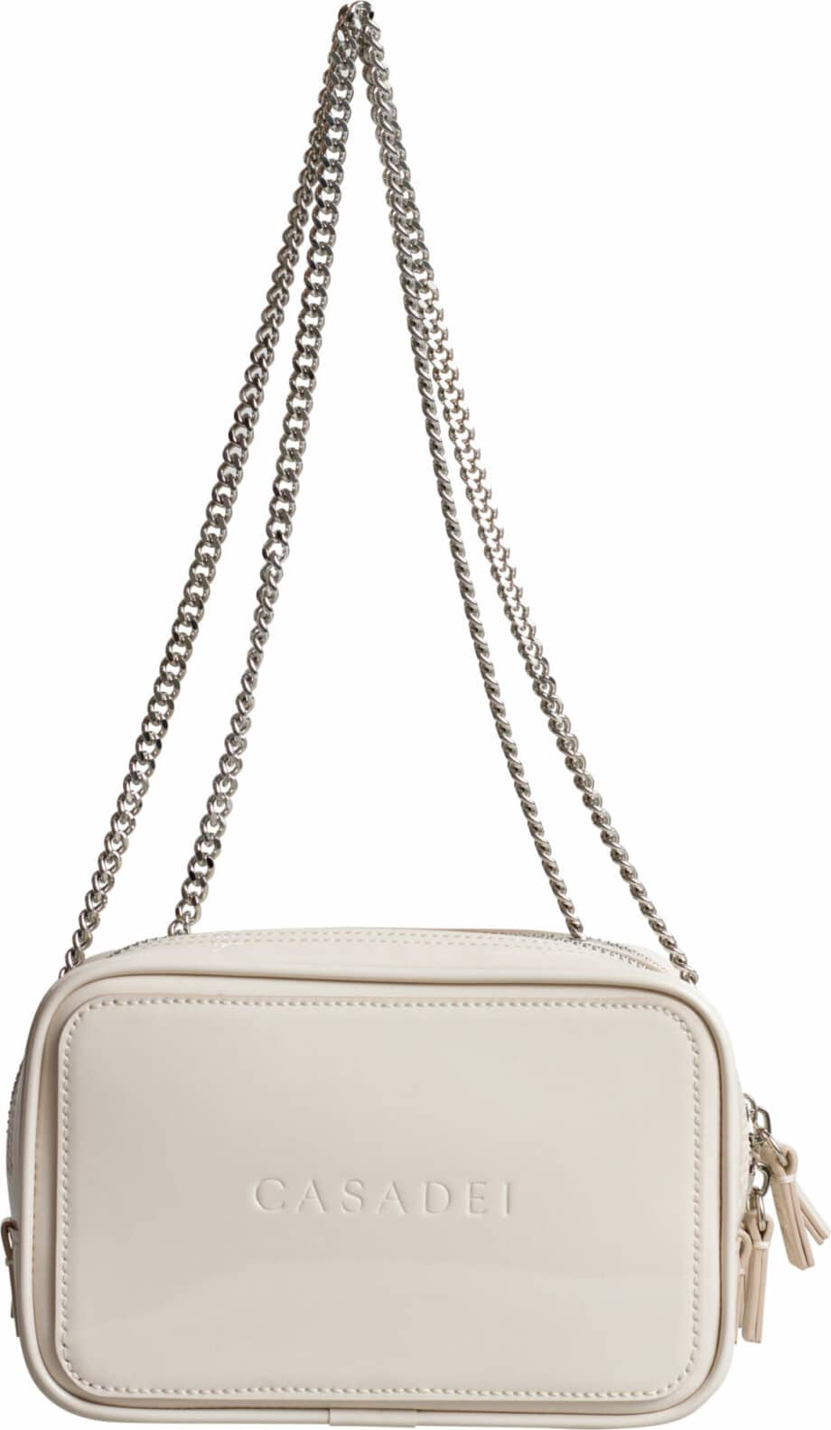 Small patent leather bag with long shoulder strap and logo detail