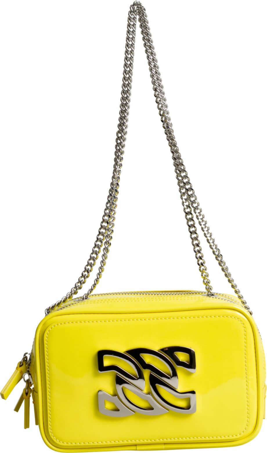 Small patent leather bag with long shoulder strap and logo detail