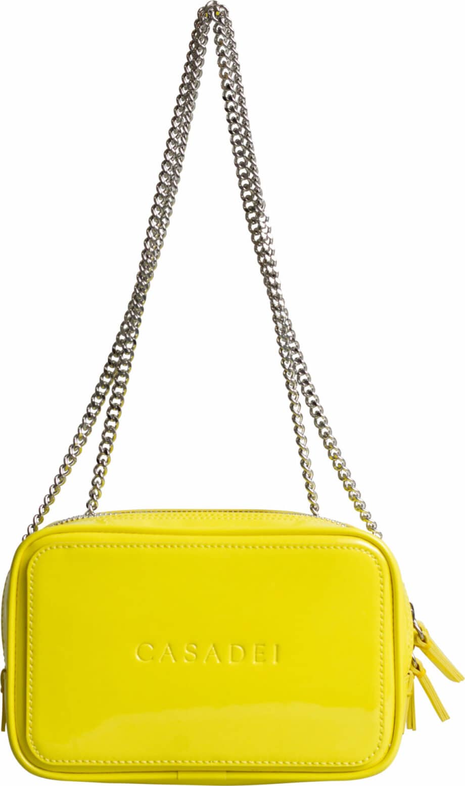 Small patent leather bag with long shoulder strap and logo detail