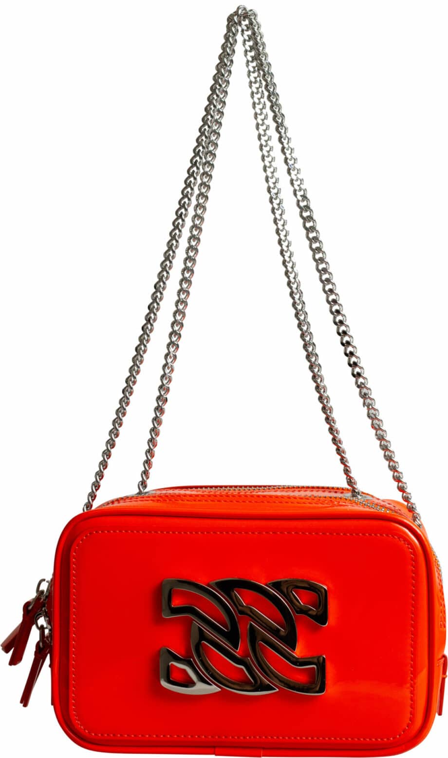 Small patent leather bag with long shoulder strap and logo detail