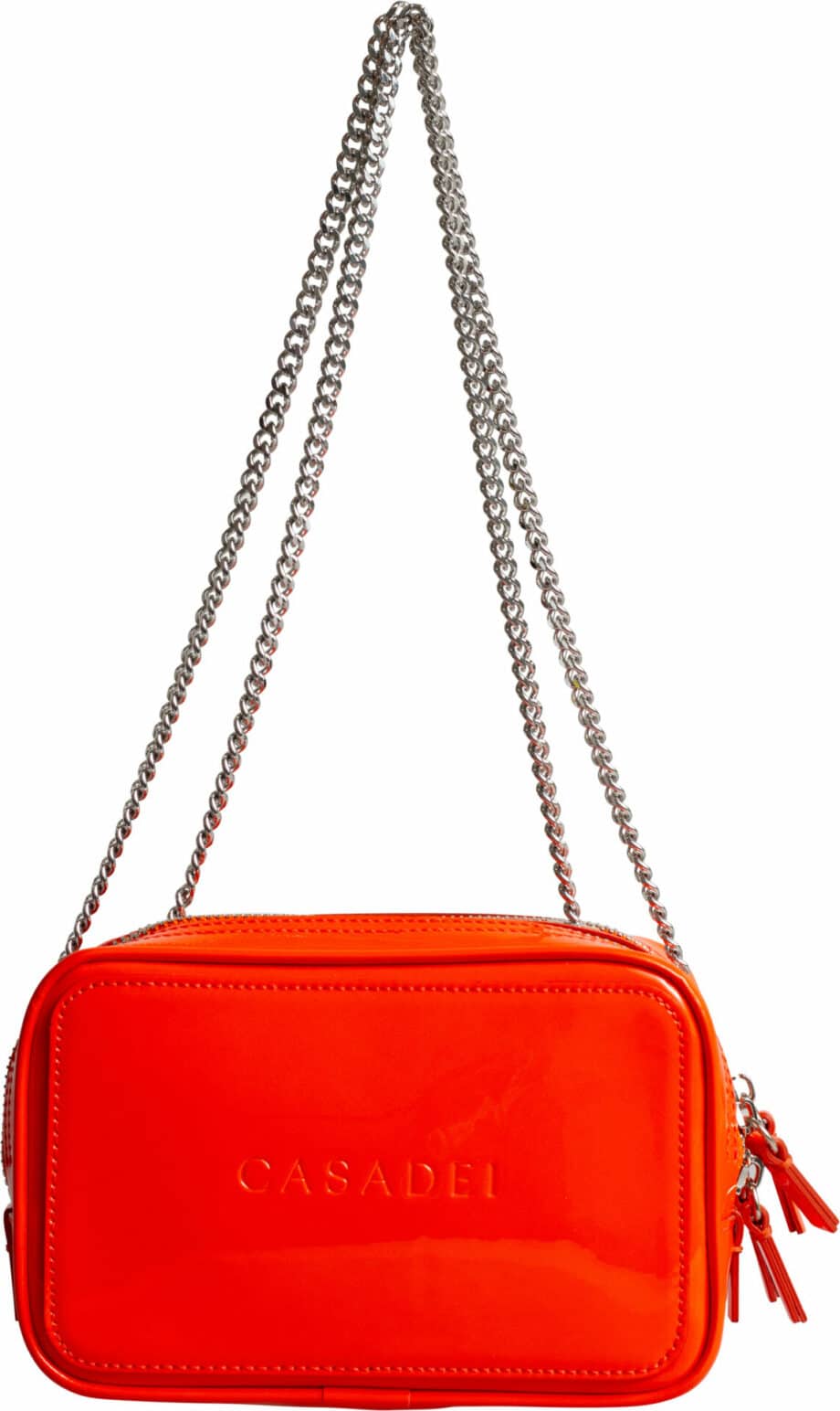 Small patent leather bag with long shoulder strap and logo detail