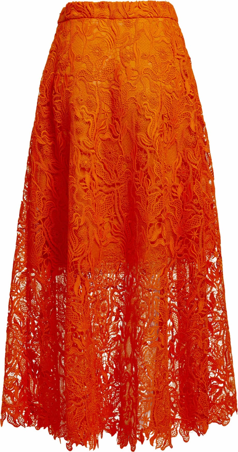 Calf length, flared lace skirt with silk lining