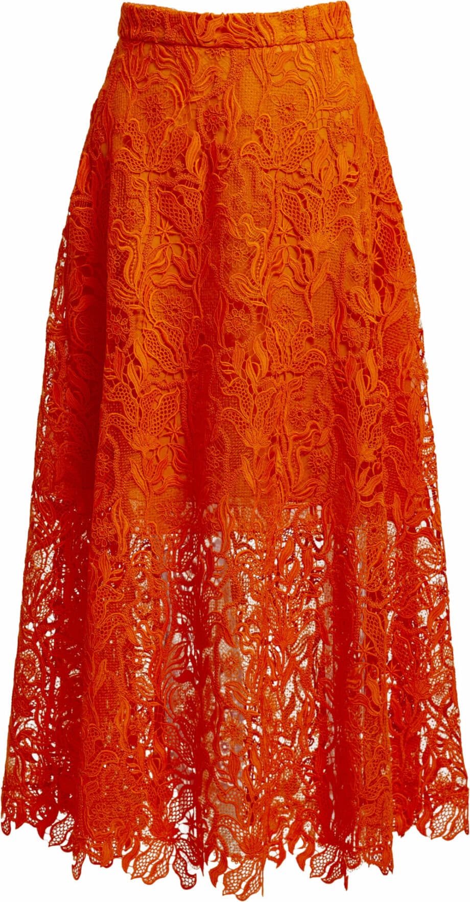 Calf length, flared lace skirt with silk lining