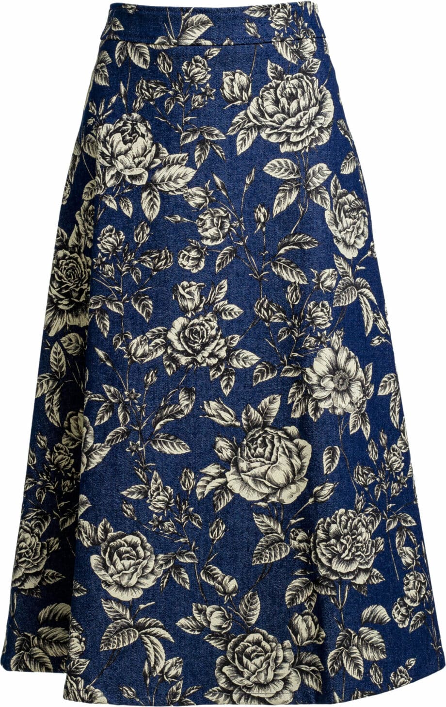 Flared denim skirt with floral print