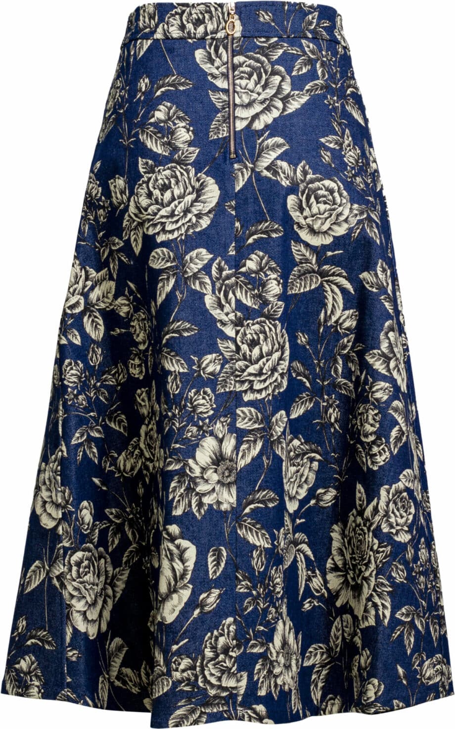 Flared denim skirt with floral print