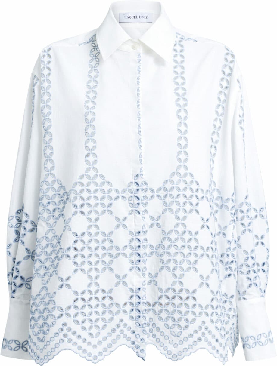 Short cotton blouse with boxy-fit and graphic broderie anglaise