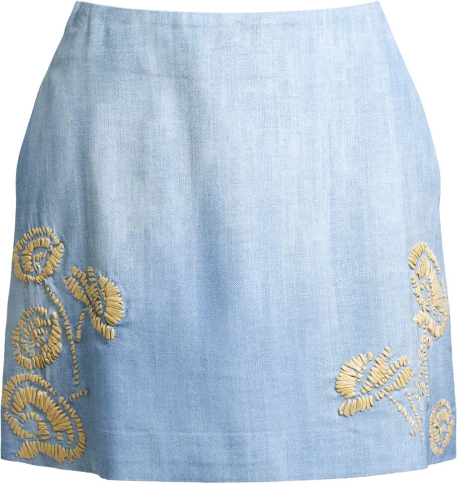 Short denim skirt with floral embroidery