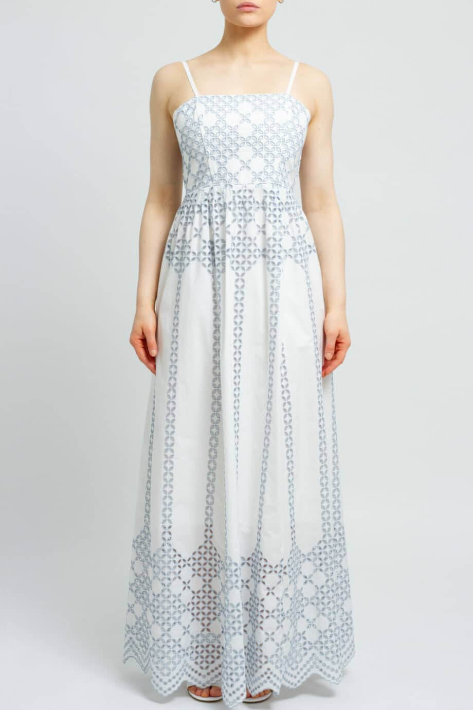 Cotton maxi dress with graphic broderie anglaise